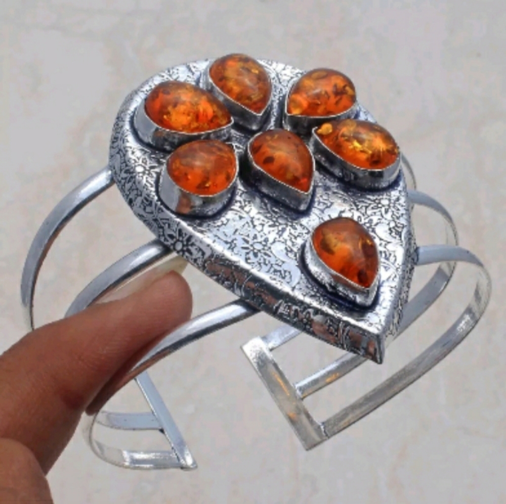 New Oversized Amber 925 Silver Cuff Bracelet.